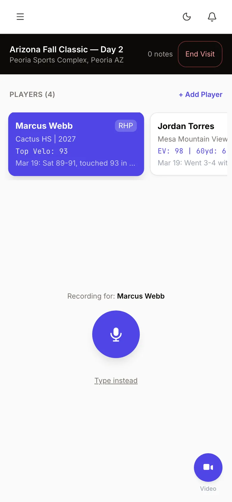 A game visit on a phone with four players on the list and a record button, ready to capture a note against the selected player.