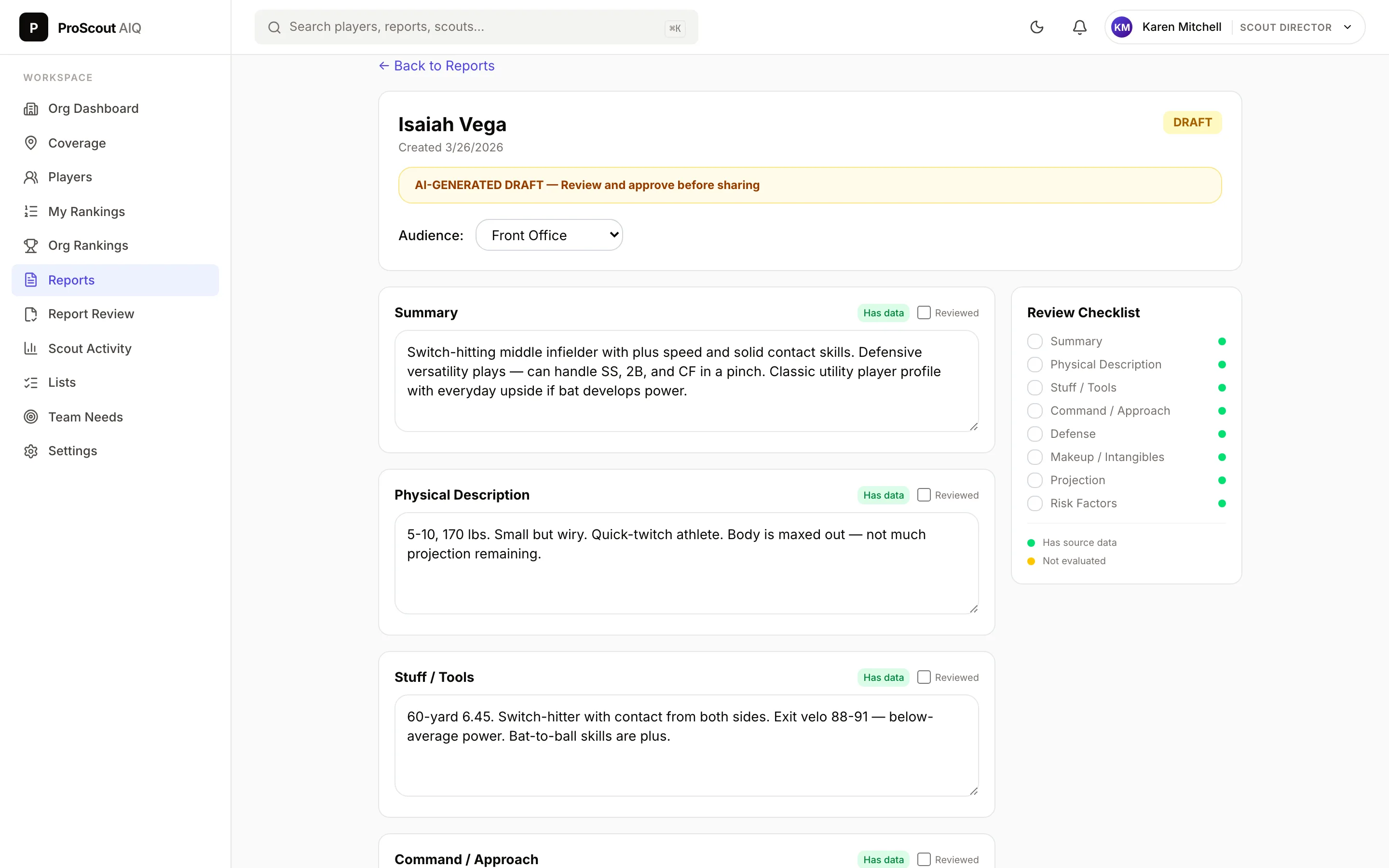 A generated scouting report marked AI-GENERATED DRAFT with a review checklist showing which sections have source data.